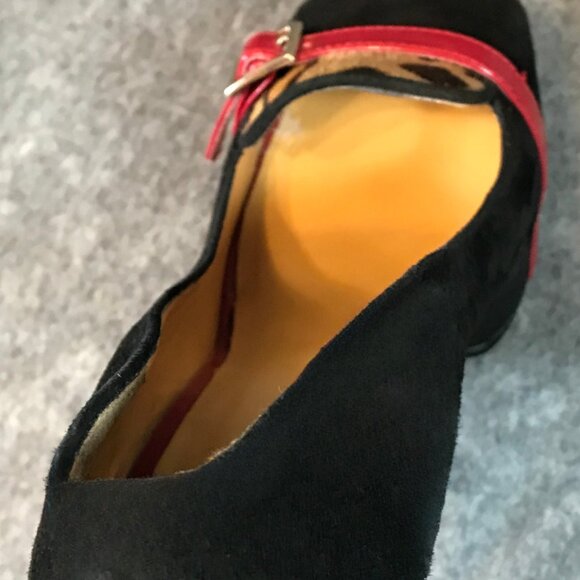 Nine West Women's Black Leather Front Red Strap Leopard Open Toe Heel Shoes - Picture 11 of 14